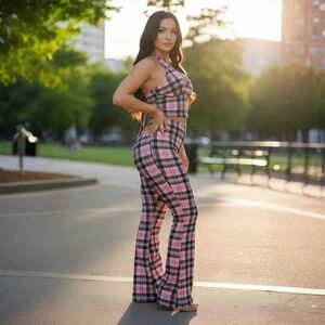 Fashion Nova ✦ Pink Plaid Halter Crop Top & Flare Pants Set ✦ Retro Stretch S